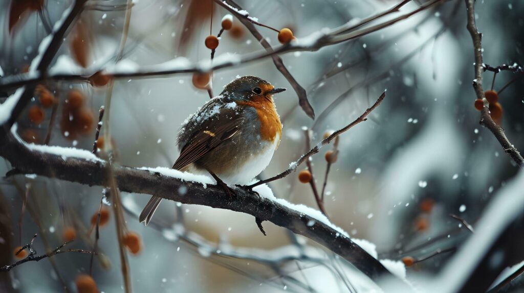 Solitary Bird Braving the Winter Snowfall Free Photo