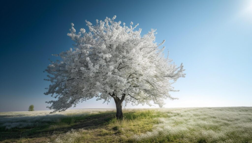 Tranquil meadow, lone tree basks in sunlight generated by AI Free Photo