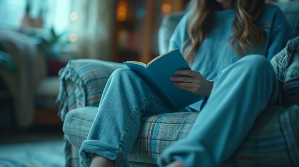 A young woman is sitting on the sofa and reading a book. Free Photo