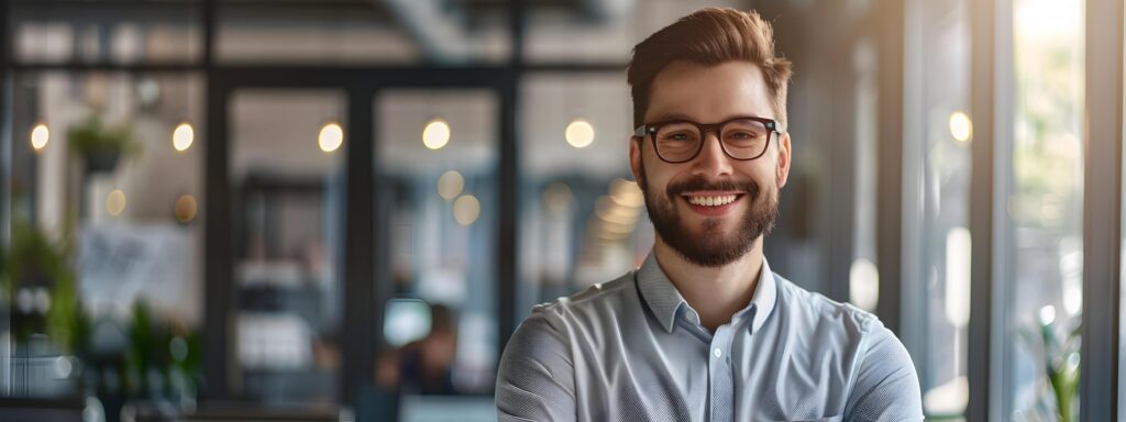 Confident Young Business Executive Smiling at His Workplace Stock Free