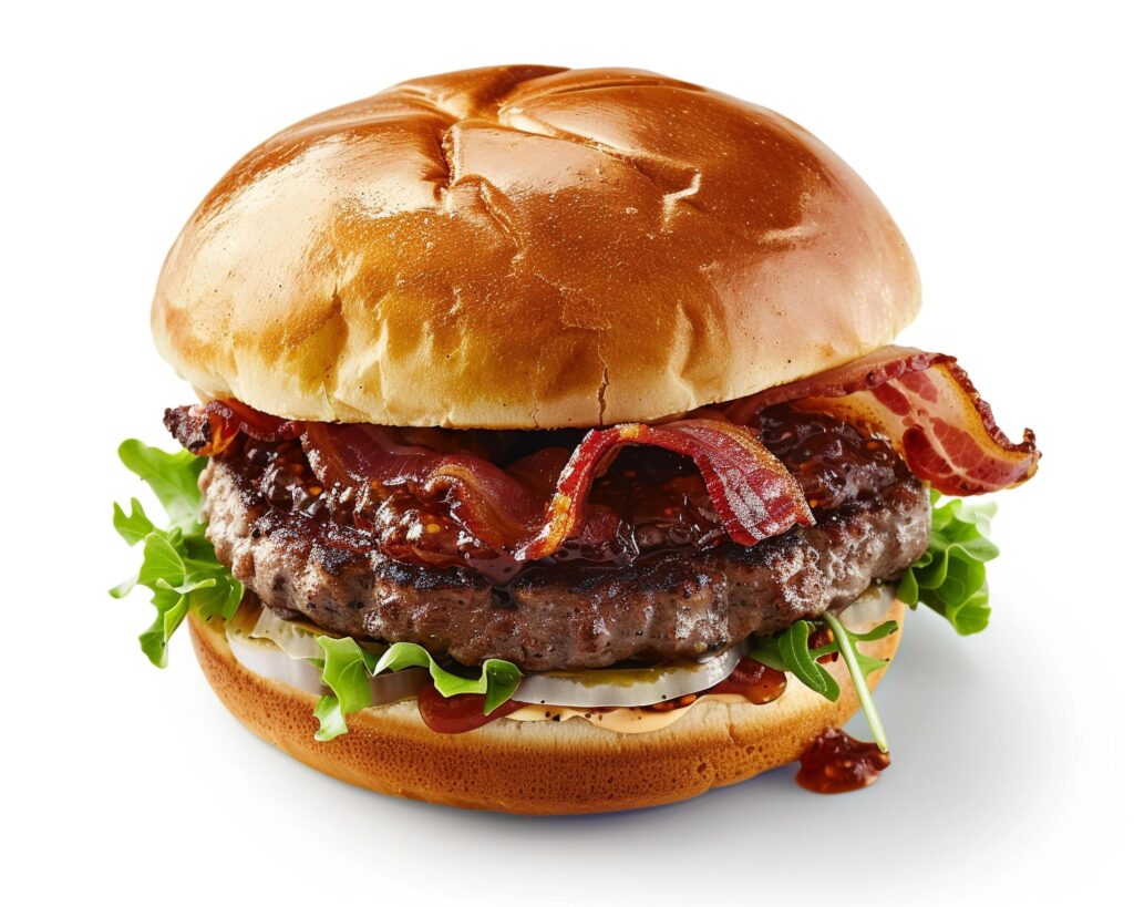 a hamburger with bacon and lettuce on a white background Stock Free