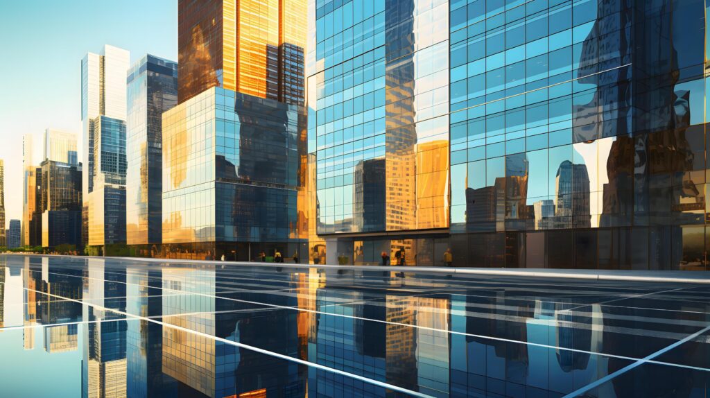 Reflective skyscrapers, business office buildings, business concept, Technology Stock Free