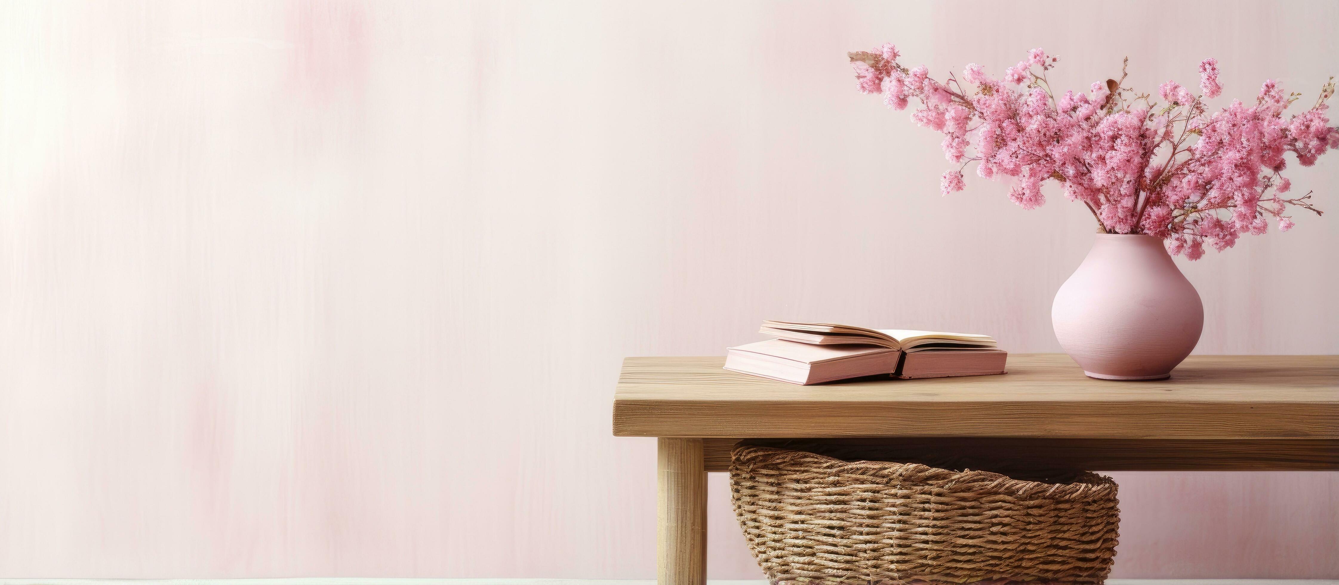 Selective focus on oak side table with wicker basket pink scarf dried flowers book and cup against white wooden wall Stock Free