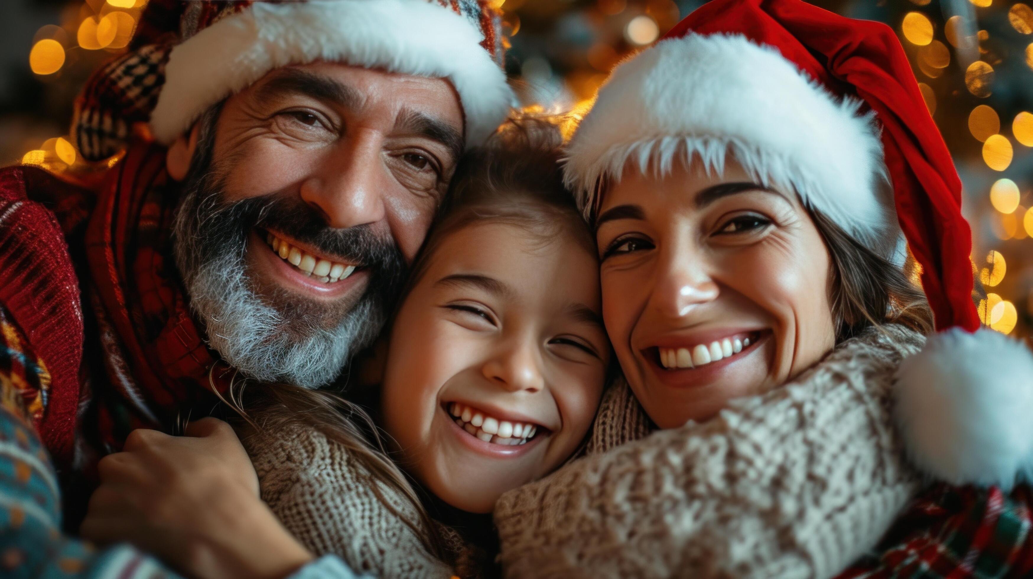 AI generated Vibrant family celebration, gleeful faces wrapped in holiday lights and decorations Stock Free