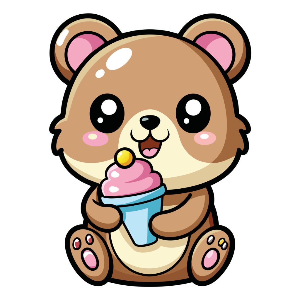 a cute kawaii bear eating ice cream, with clean black outlines, white background Free Vector