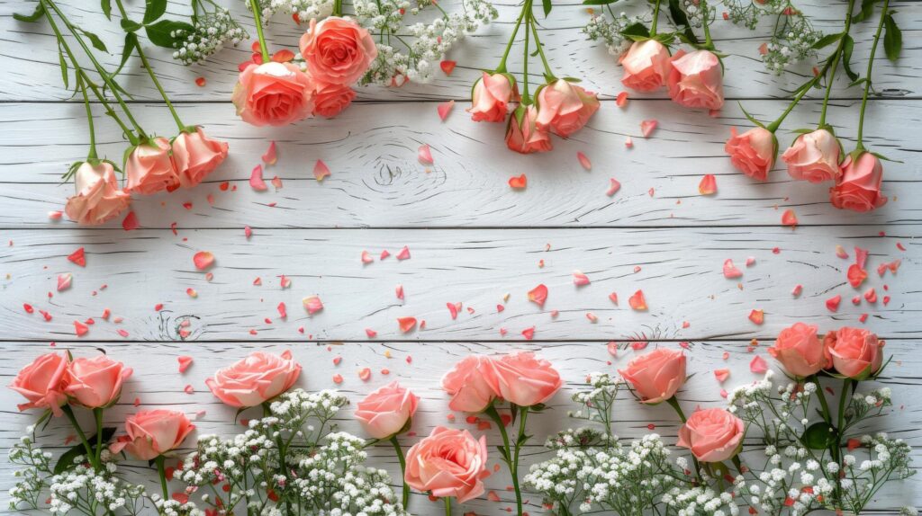 Pink Roses on White Wooden Background Stock Free