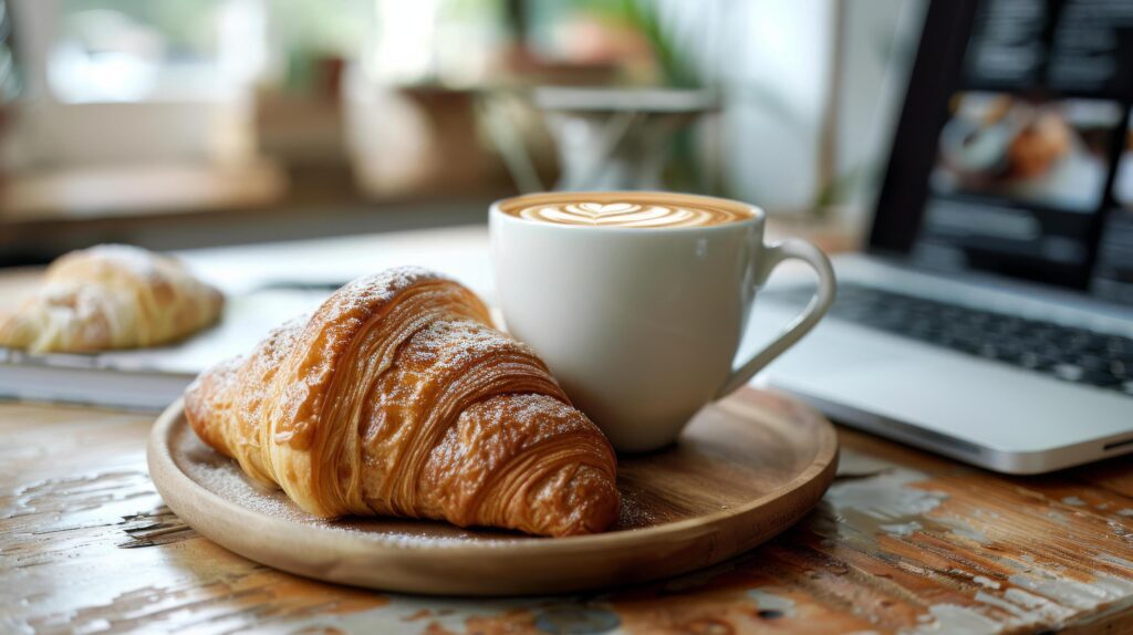 Two Freshly Baked Croissants and a Cup of Latte on a Wooden Tray With a Laptop in the Background Stock Free