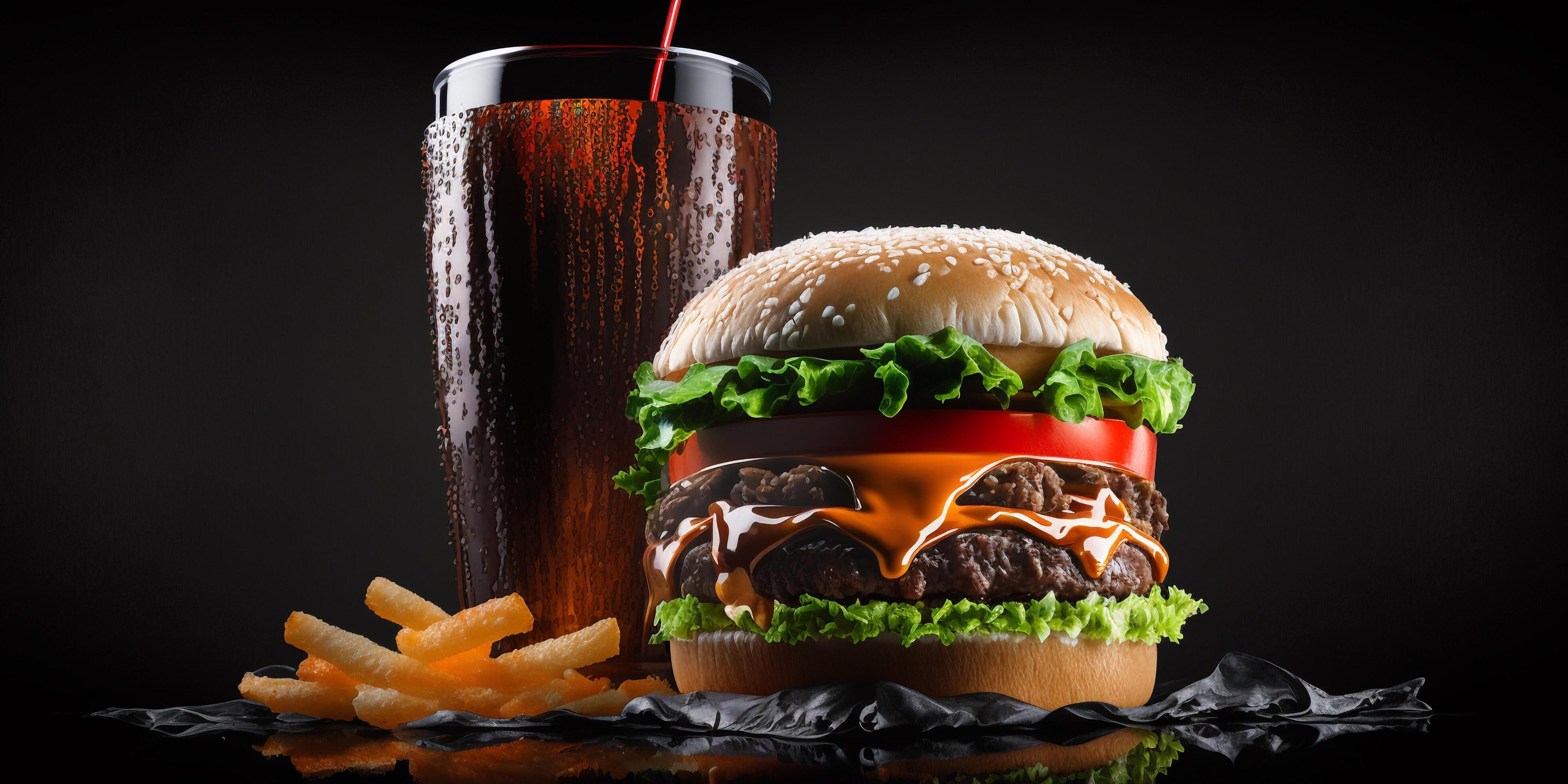 The fast food meal in the black background with . Stock Free