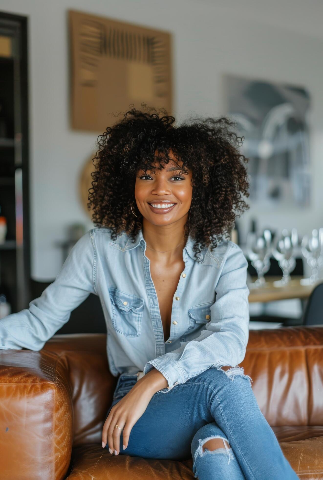 Woman Sitting on Top of a Brown Leather Couch Stock Free