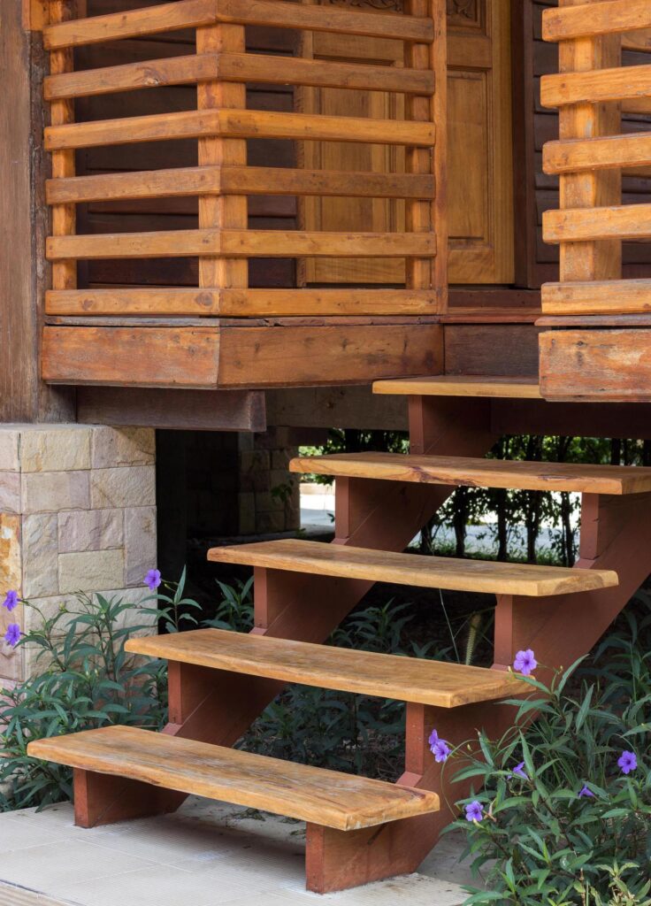 Exterior wooden stairs to house entrance Stock Free