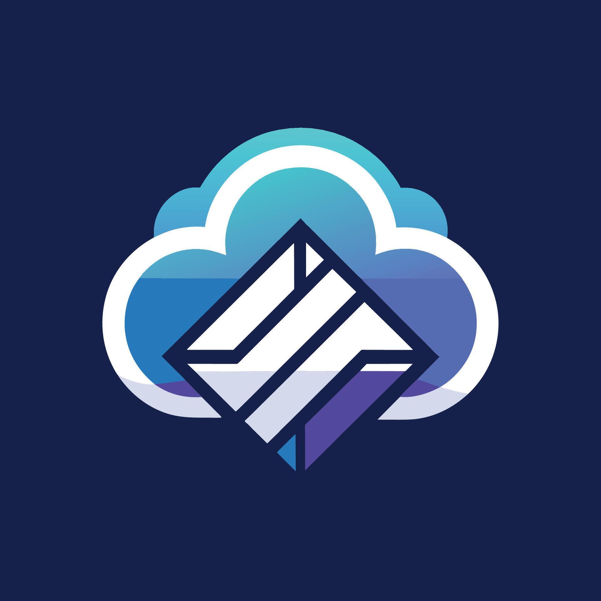 A blue cloud featuring a prominent white arrow symbol, Create a minimalist icon that captures the essence of cloud technology Stock Free