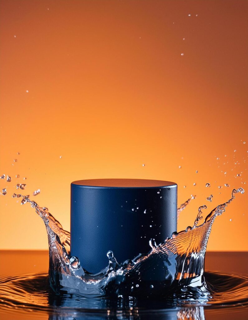 empty blue podium mockup with water splash on a gradient background for product display Stock Free