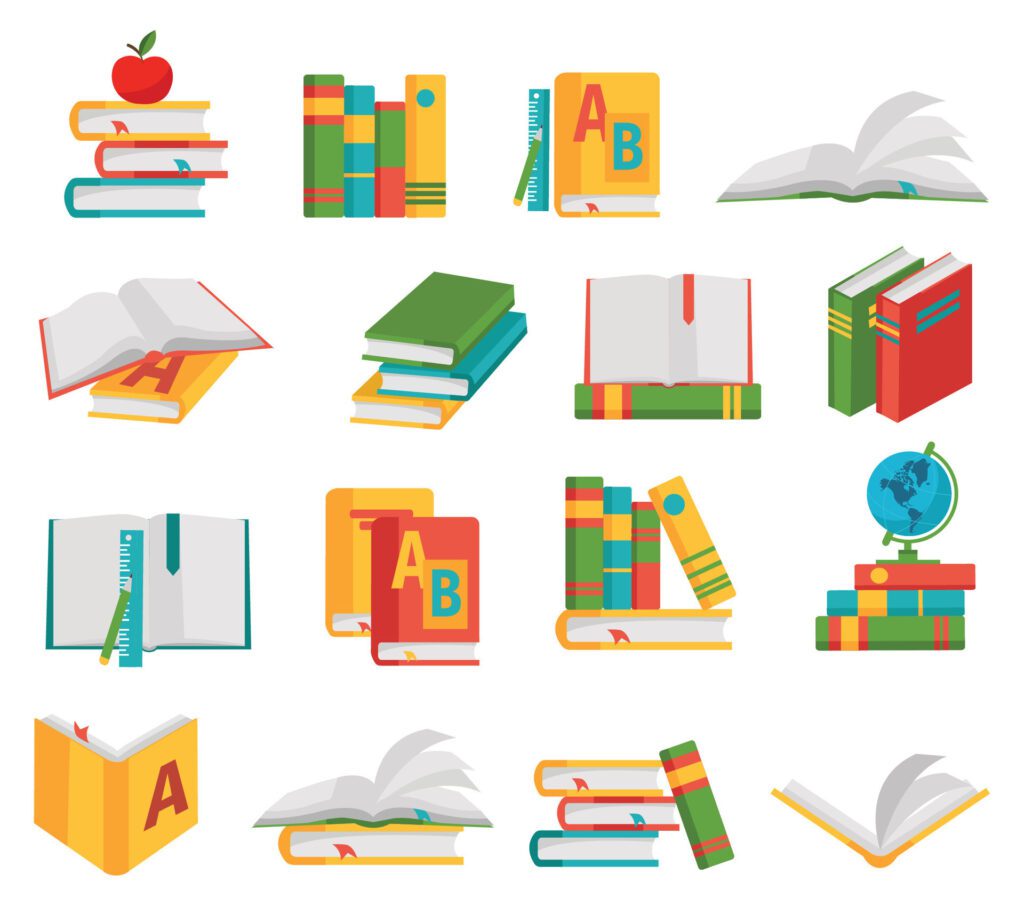 various books and books icons on a white background Free Vector