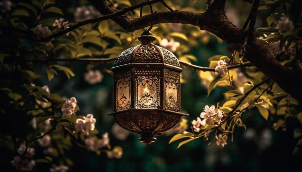 Glowing lantern illuminates nature elegance in Ramadan celebration generated by AI Free Photo