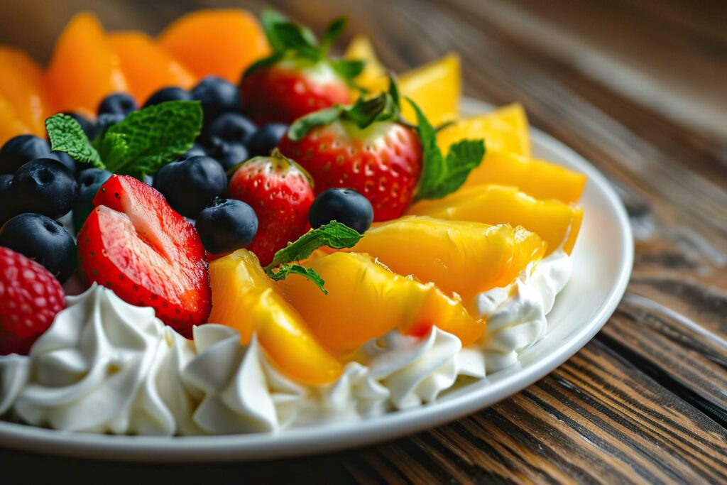 Fruit salad with whipped cream and fresh berries on a wooden table. Free Photo