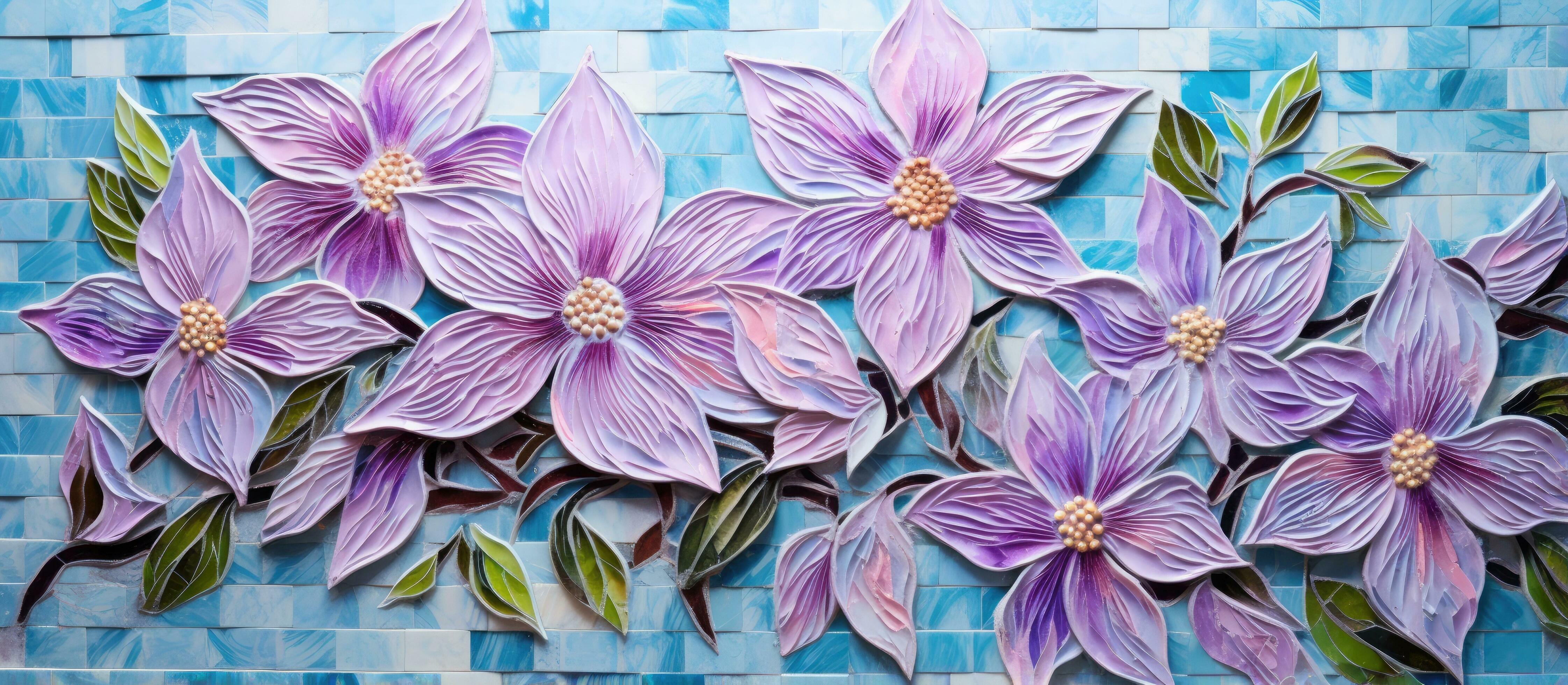 
									Mosaic clematis flower on handmade tile wall for interior design Stock Free