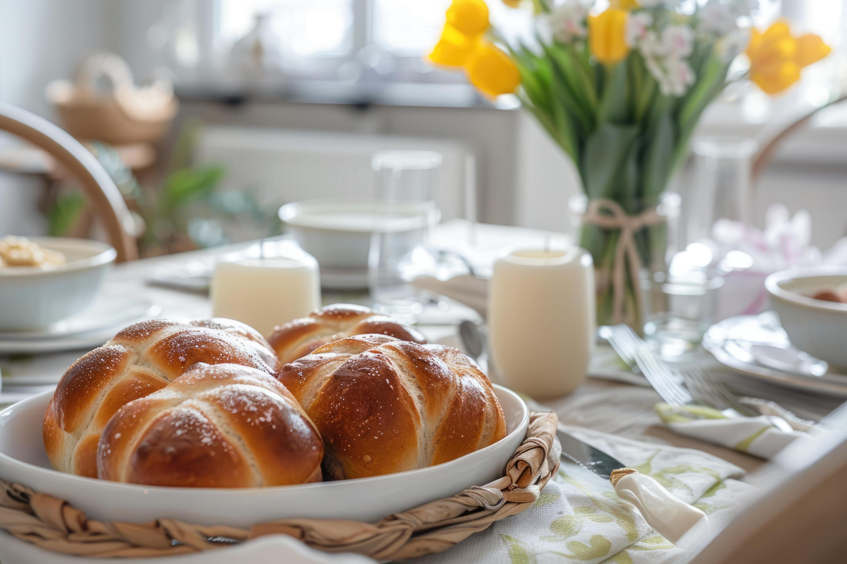 AI generated Easter hot cross buns on Easter breakfast table, spring flowers in a vase, family dining room Stock Free