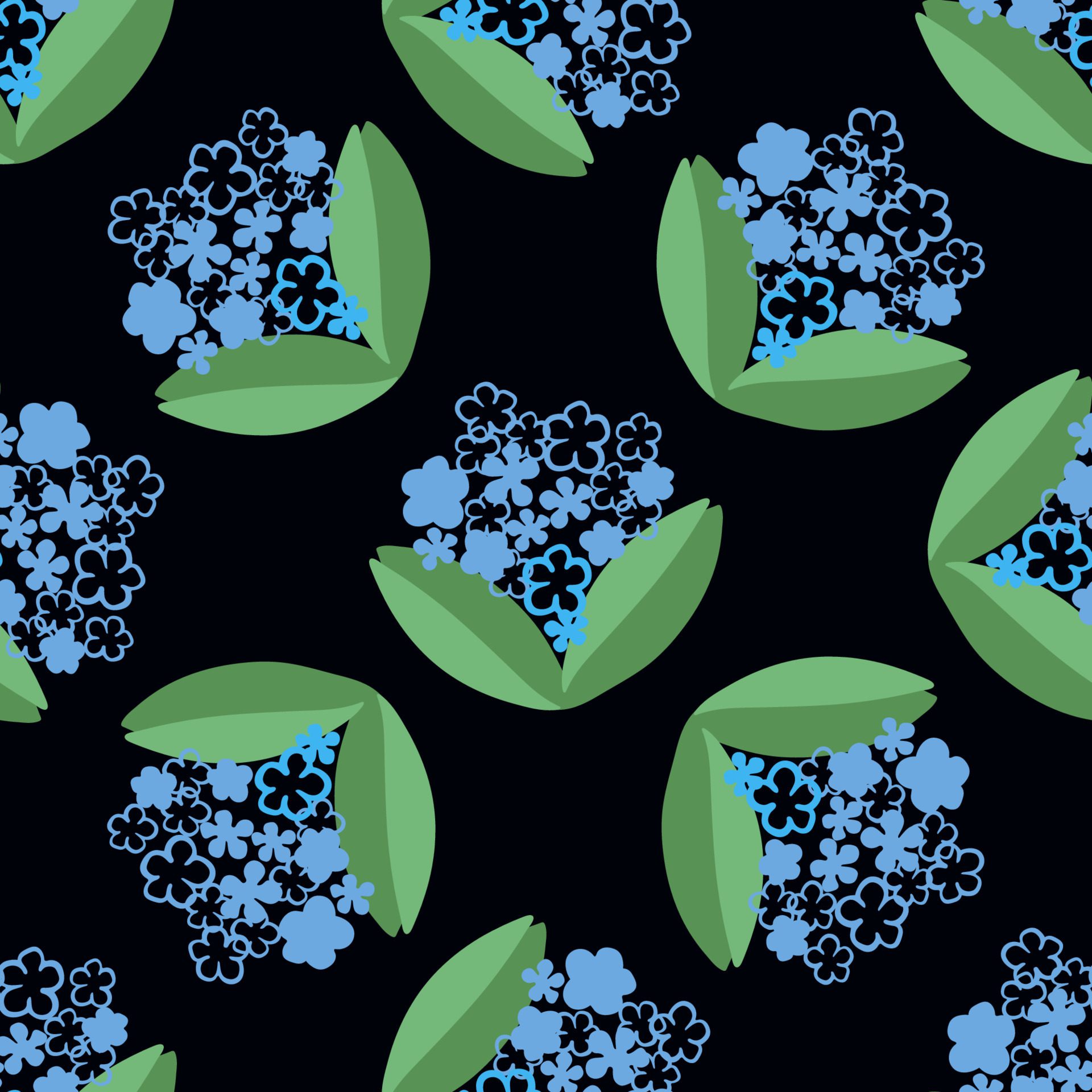 Vector seamless pattern with flowers blue color on black background Free Vector