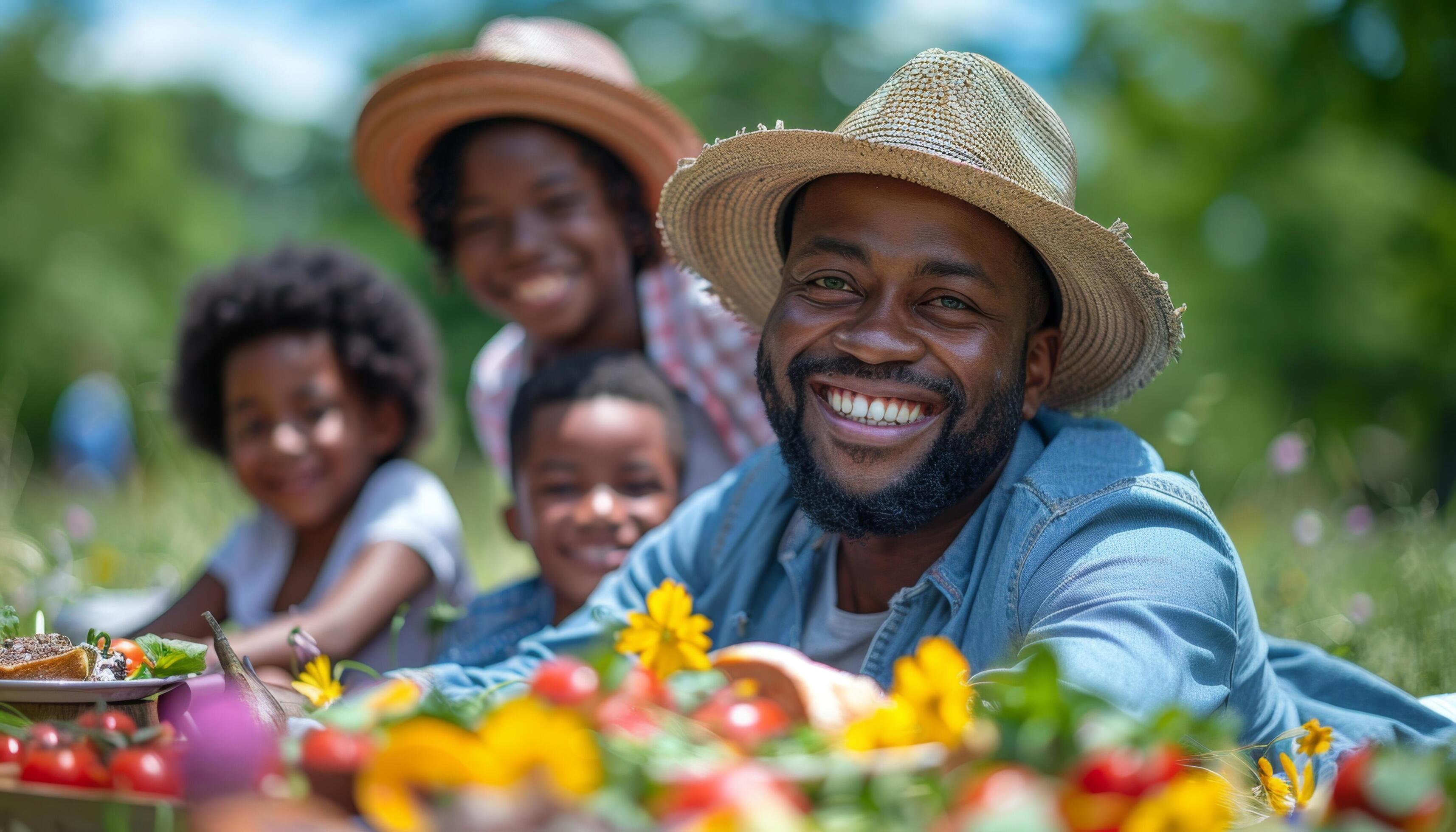 Happy family enjoying a sunny day outdoors with vibrant flowers and smiles, celebrating togetherness and joy in nature. Stock Free