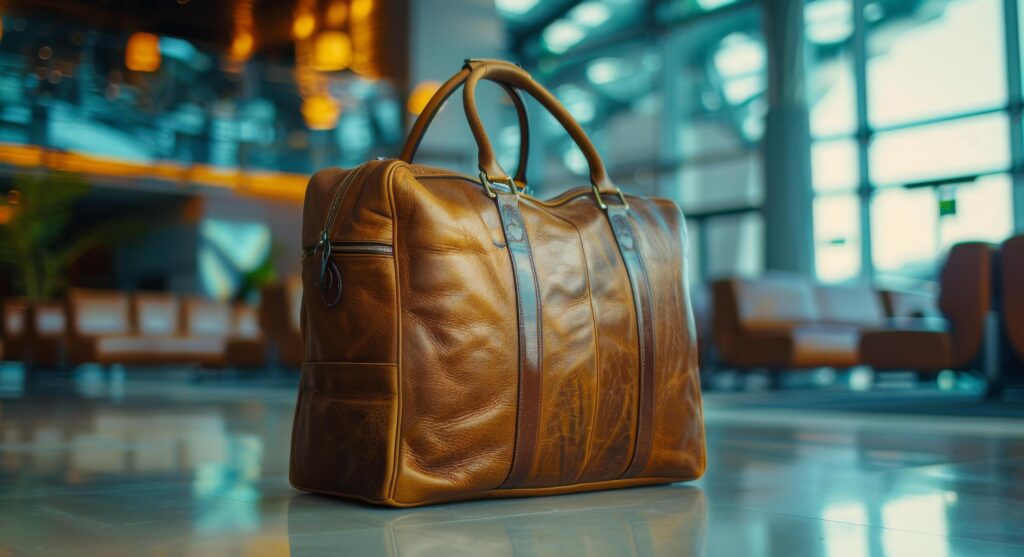 Brown Leather Travel Bag In Airport Lobby Stock Free