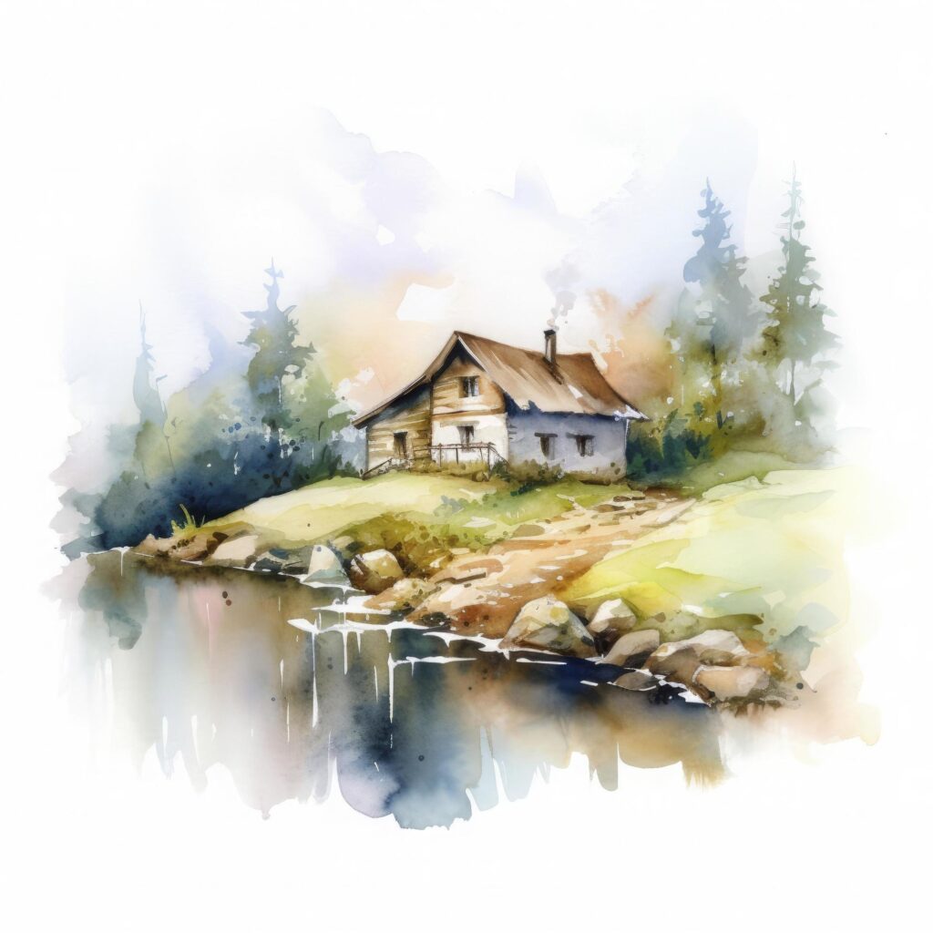 cottage in mountains, water color, pastel color with white background, generat ai Stock Free