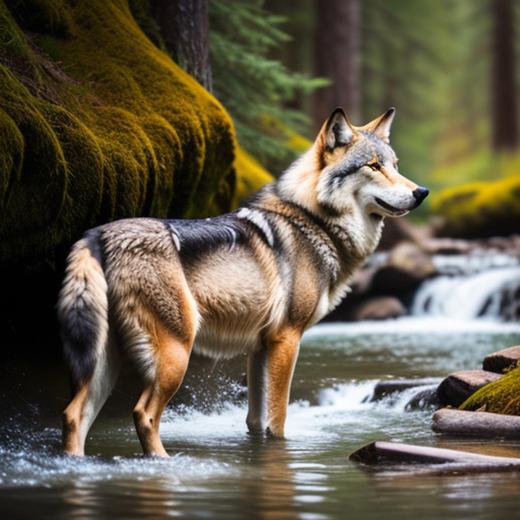 Gray wolf drinking out by @ai_generated