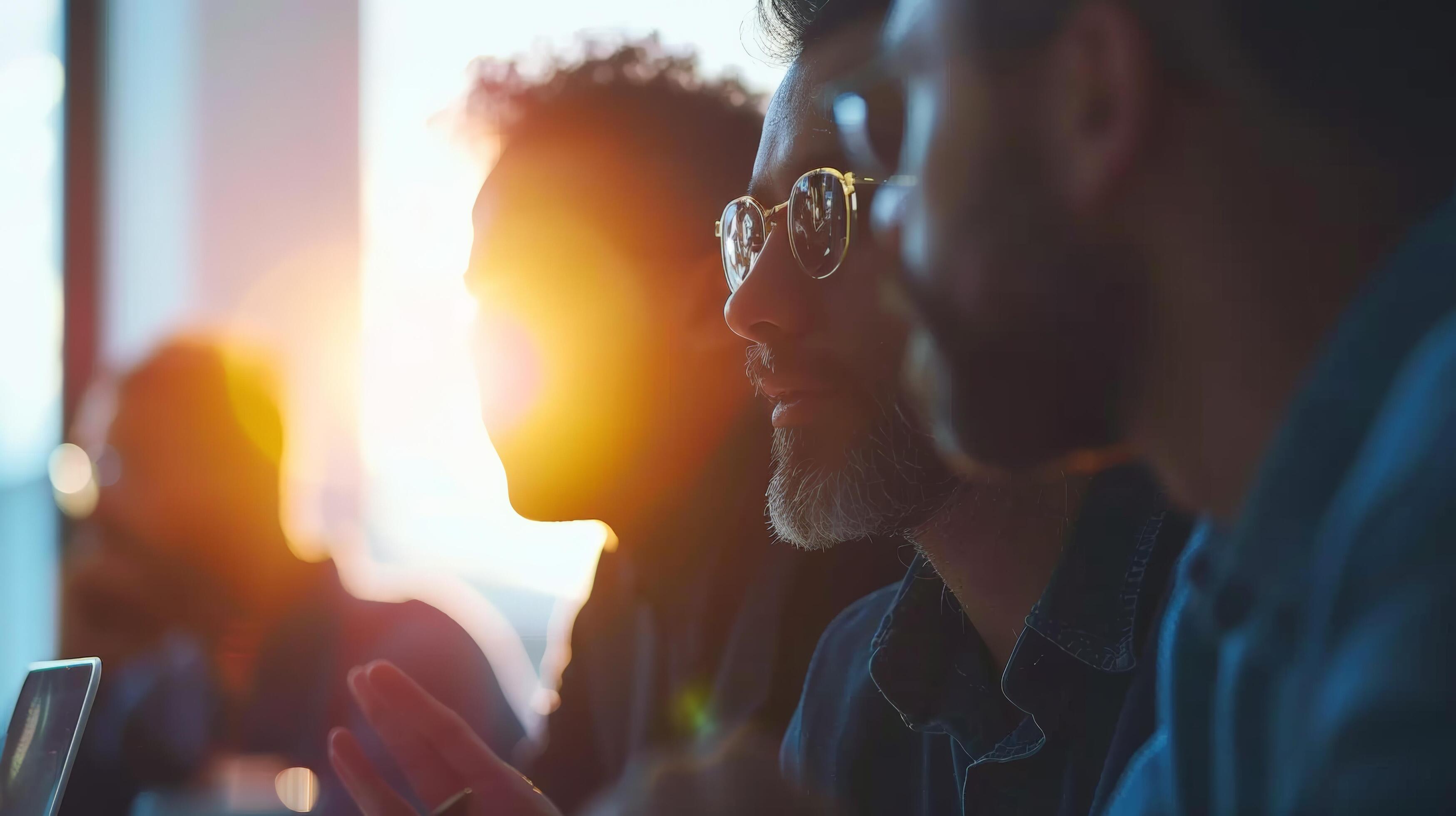 Business meeting at sunset, colleagues discussing strategy, focusing and collaborating passionately in a modern office Stock Free