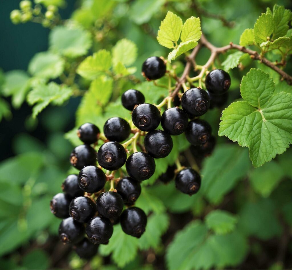 black currant bush with ripe berries on a background of green leaves Free Photo