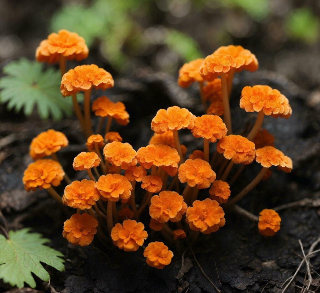 Close-up of small orange flowers in the forest. Shallow depth of field. Free Photo