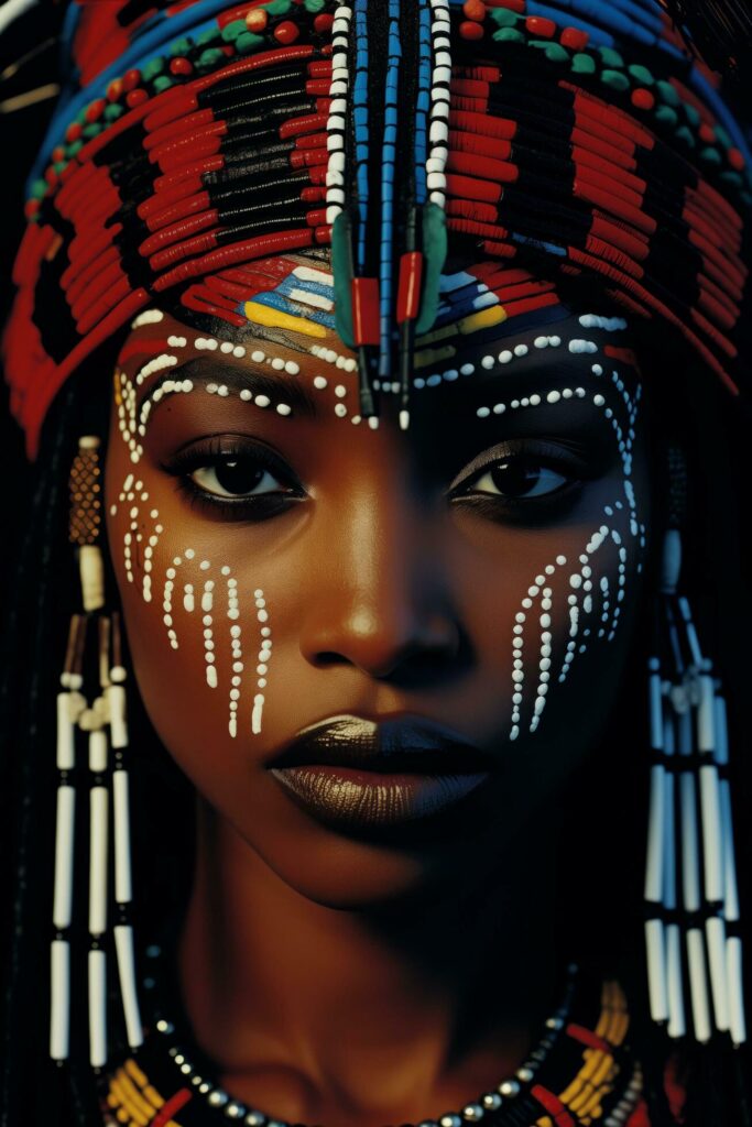 An African woman adorned with tribal makeup and jewelry, showcasing her cultural heritage and beauty. Generative AI Free Photo