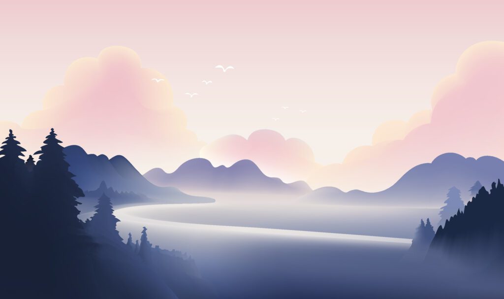 a mountain range with a lake and mountains in the background. Free Vector