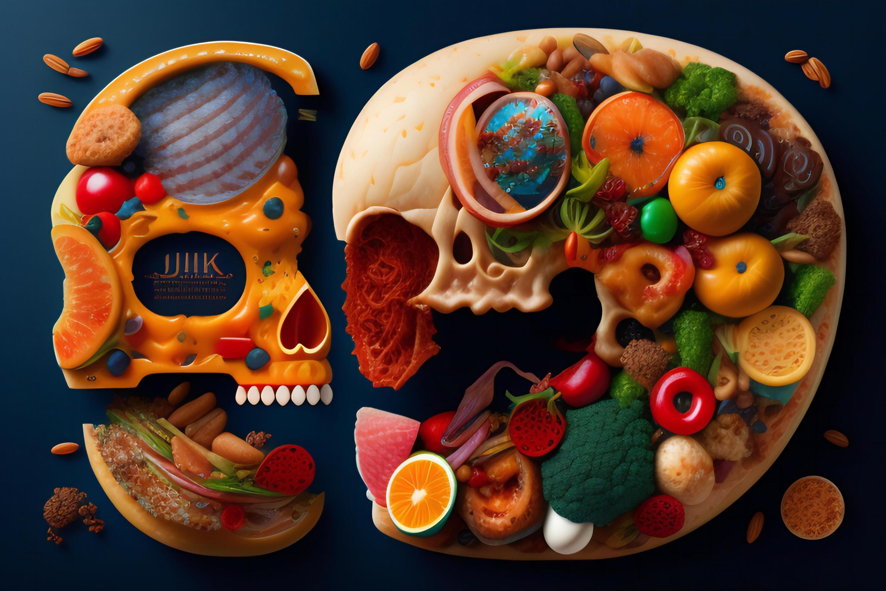 the anatomy of a zoombie head made of junk food. Stock Free