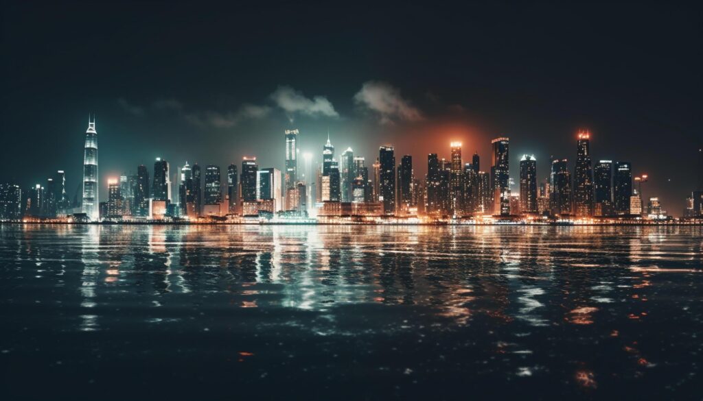 Illuminated skyscrapers reflect on waterfront, a modern cityscape at dusk Stock Free