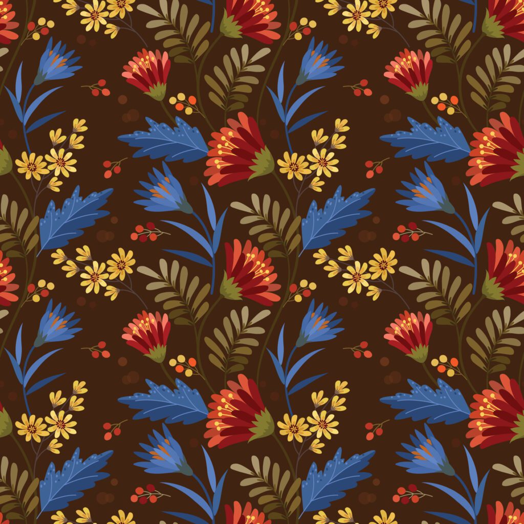 Red and yellow flowers design on brown color background. Free Vector