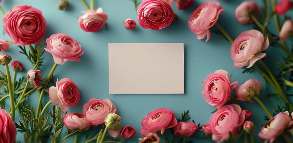 Pink and White Ranunculus Flowers Surrounding a Blank White Card on a Dark Background Stock Free