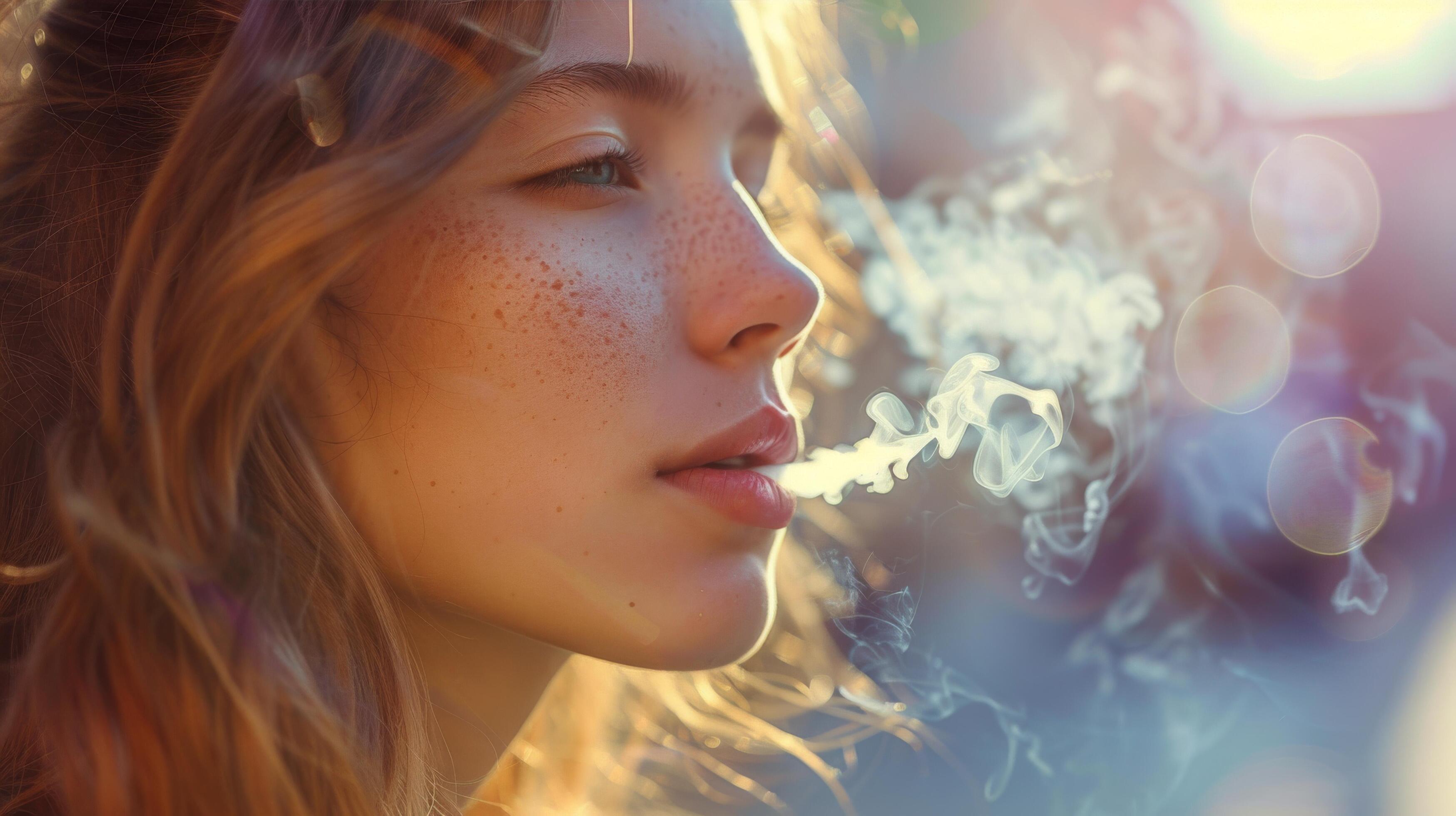 Woman Smoking Cigarette by Window Stock Free