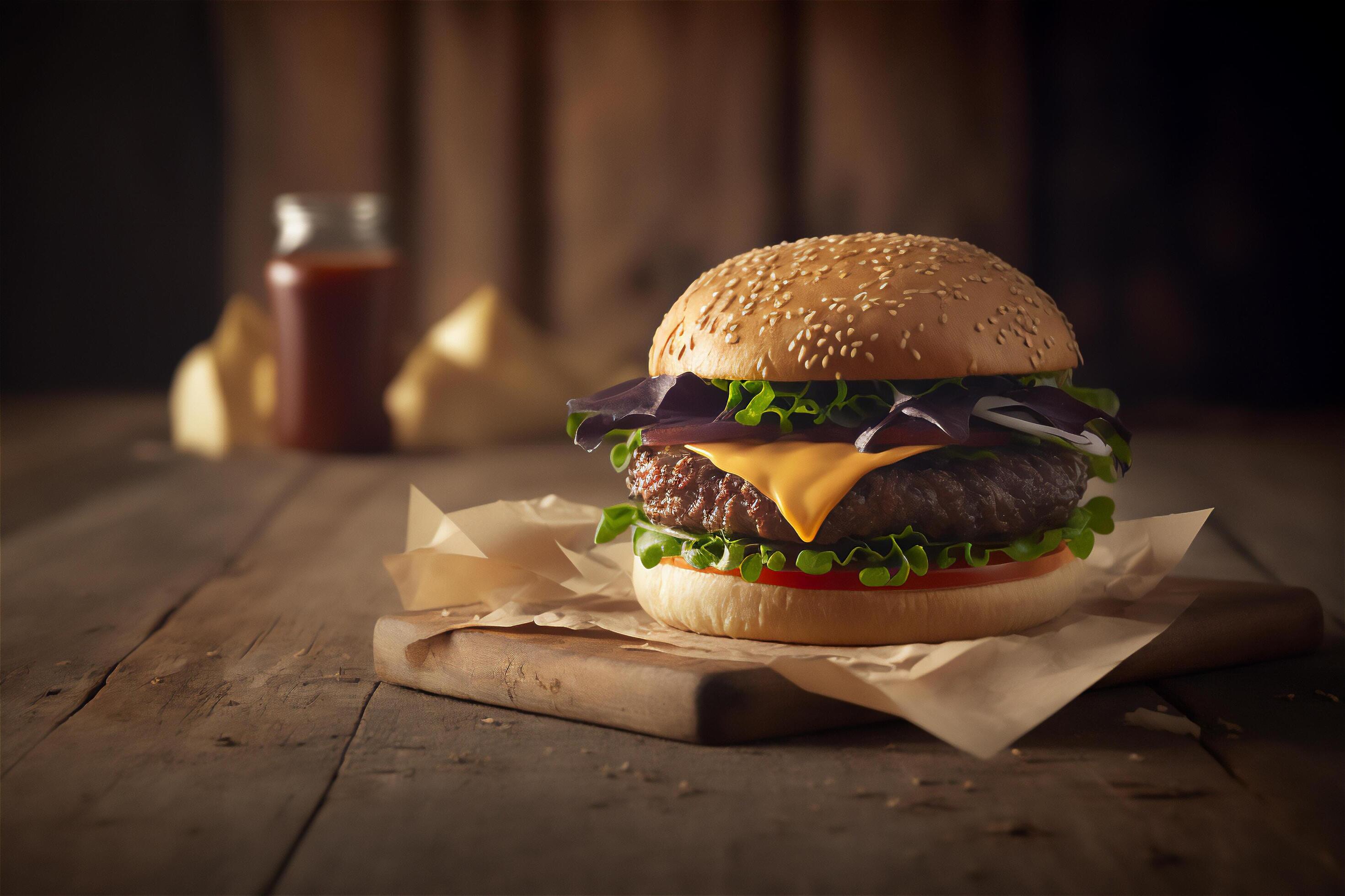 Tasty homemade hamburger on rustic wooden table. Copy space. Advertising. . Fast food snack Stock Free