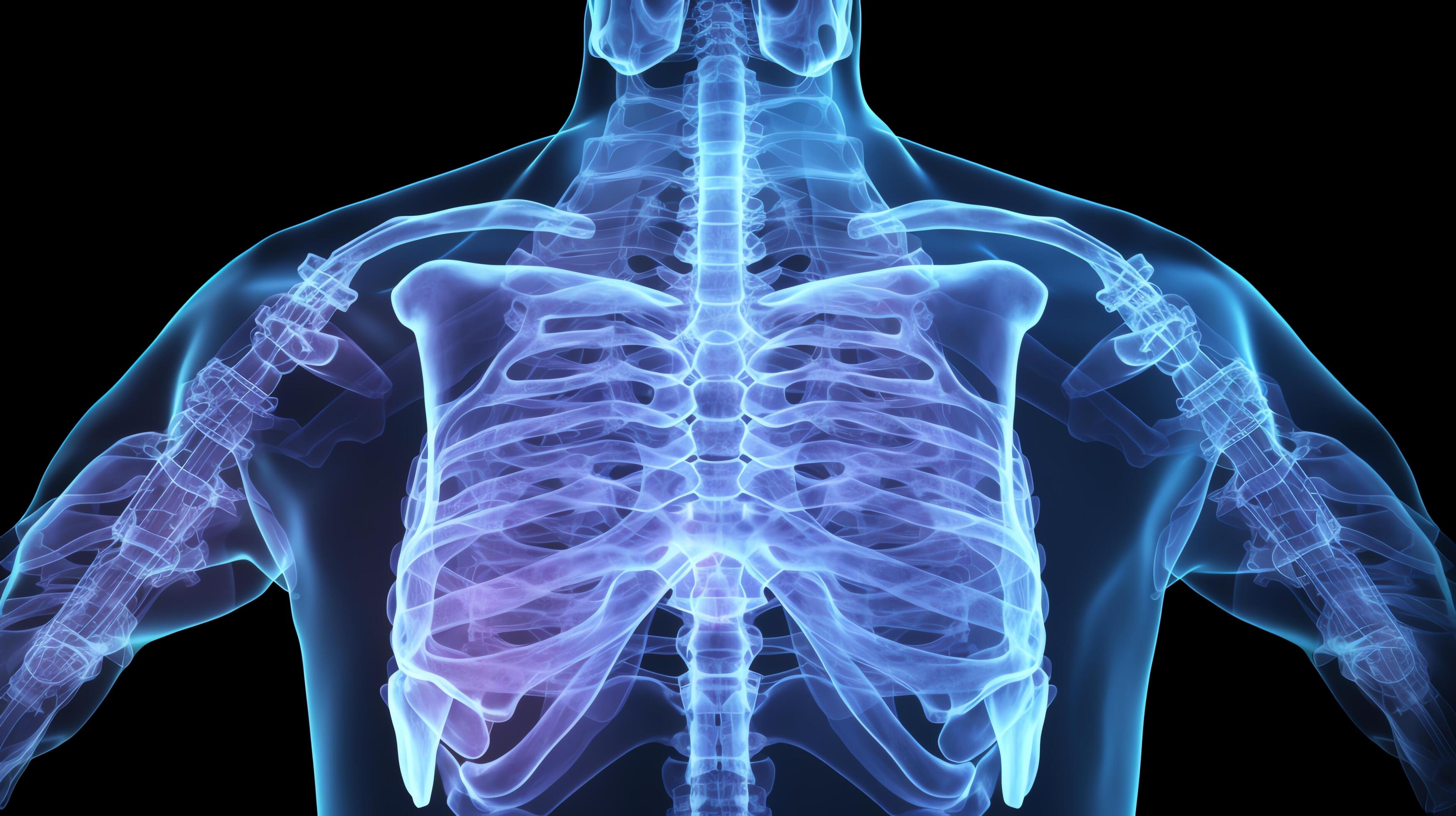 Close-up of a glowing X-ray film displaying a human chest, highlighting intricate bone structures and medical diagnostics. Stock Free