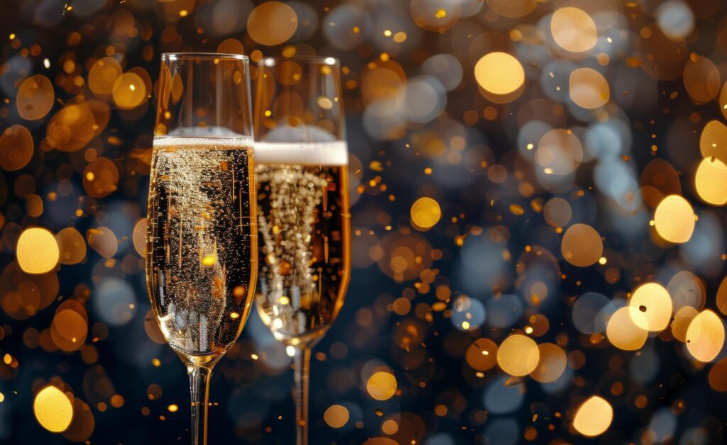 Two Champagne Flutes Filled With Sparkling Wine Against a Festive Background Stock Free