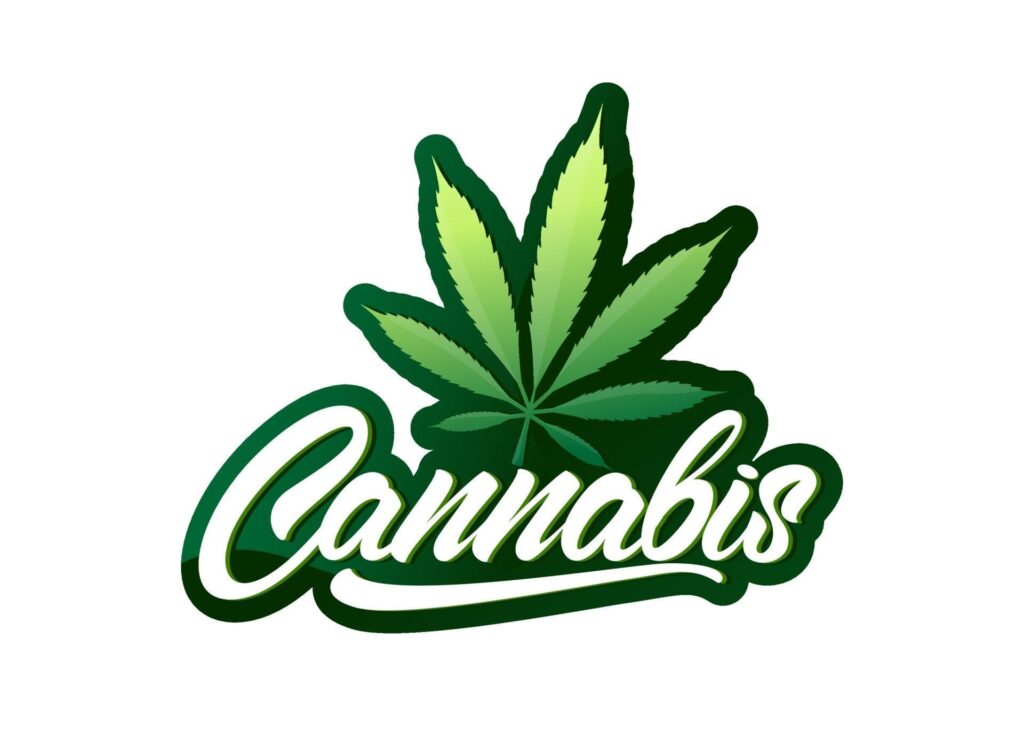 Cannabis in lettering style with leaf and gradient logo. Vector colourful emblem Stock Free