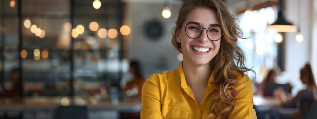 Happy Young Business Manager Smiling in Cafe Workspace Stock Free