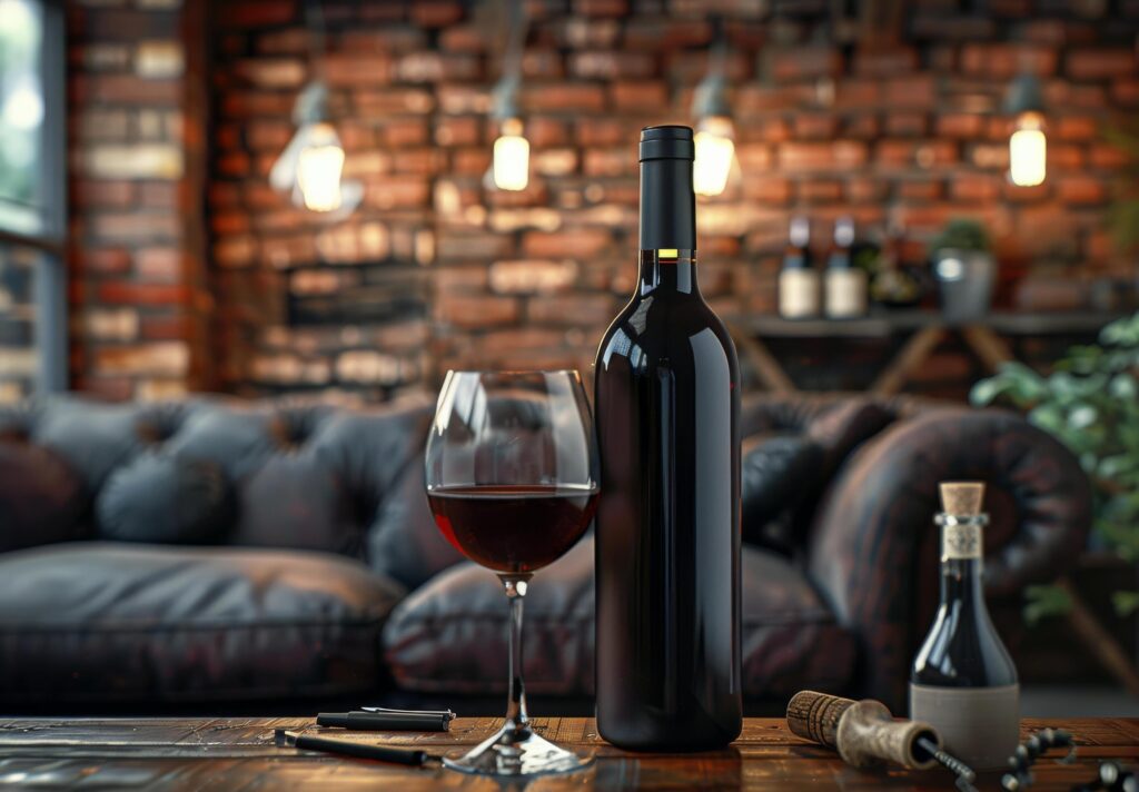 A Glass of Red Wine on a Rustic Table With Brick Wall Background Stock Free