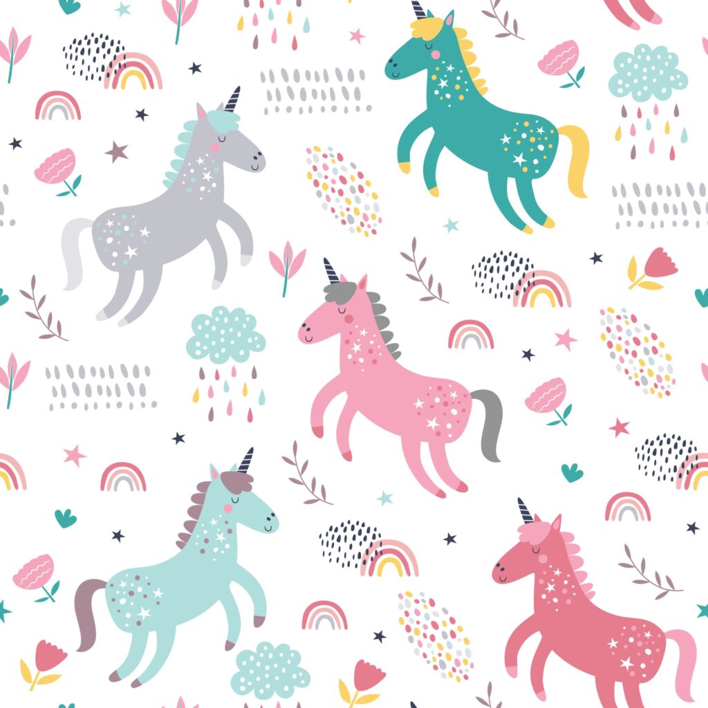 Childish seamless pattern with unicorns. Creative nursery background. Free Vector