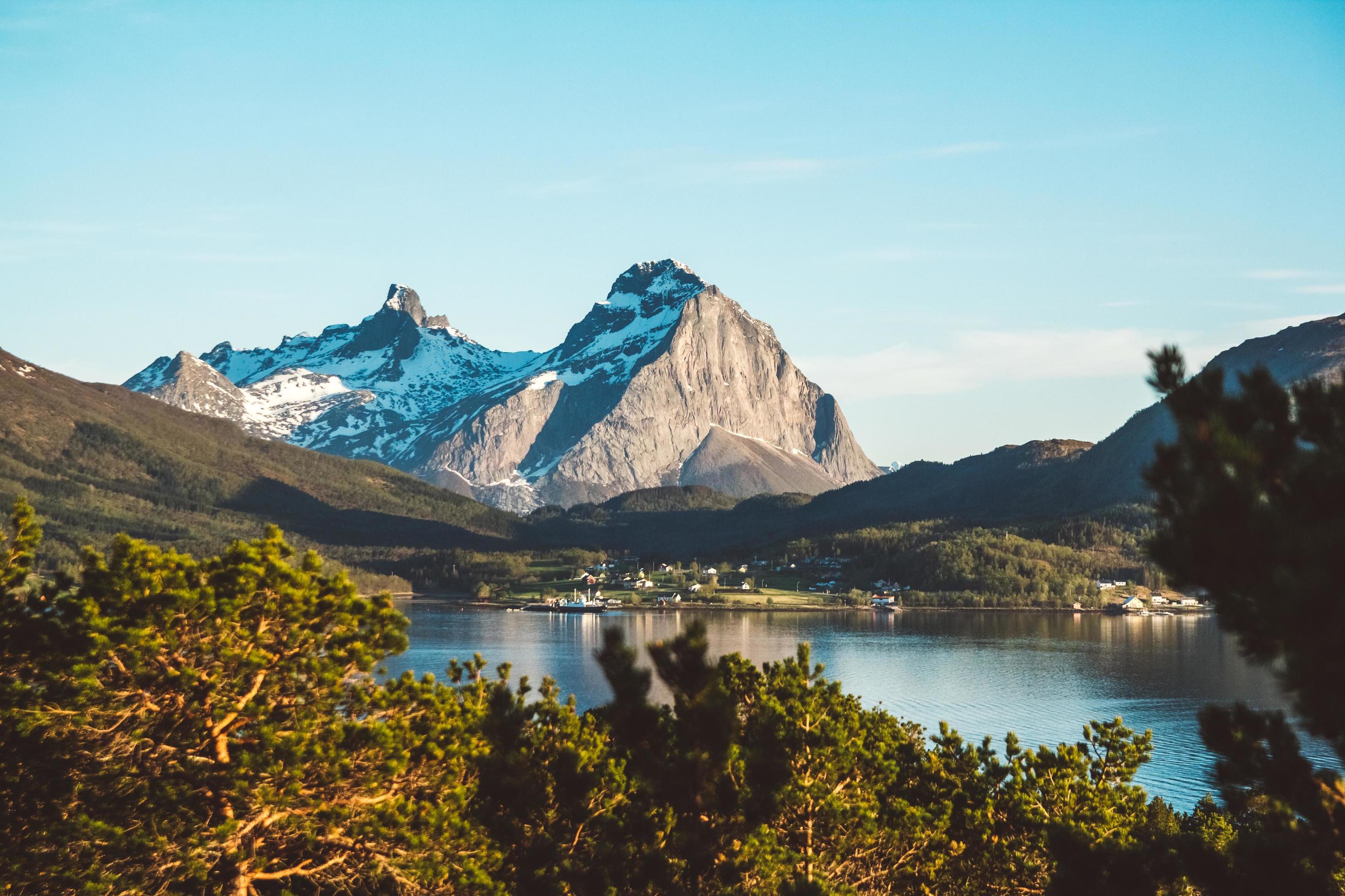 Norway mountains and landscapes on the islands Lofoten. Natural scandinavian landscape. Place for text or advertising Stock Free