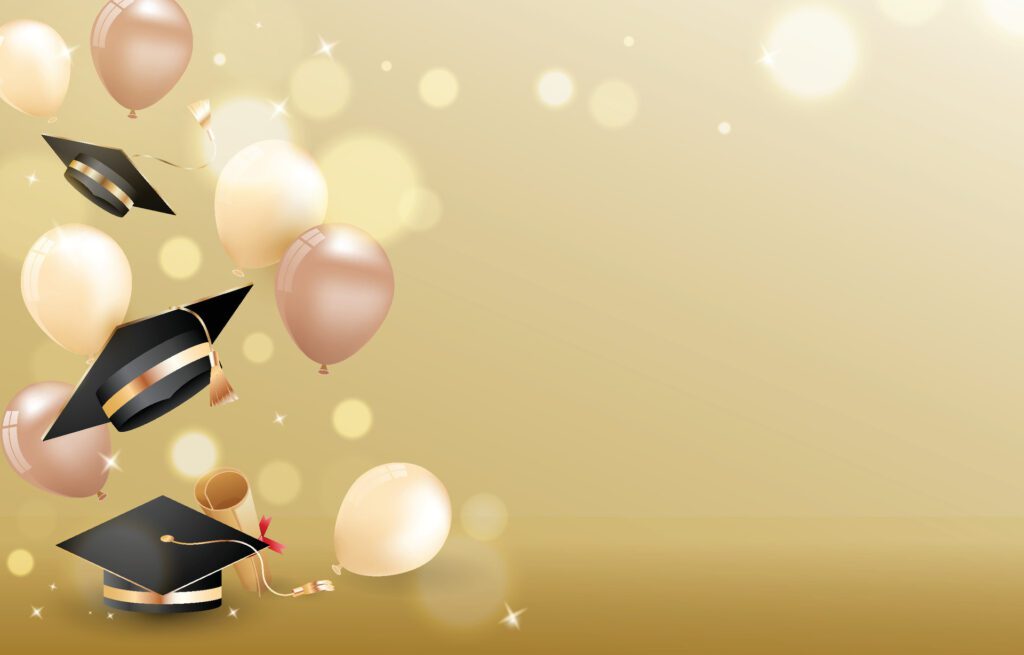 Graduation background with graduation cap and gold balloons Free Vector