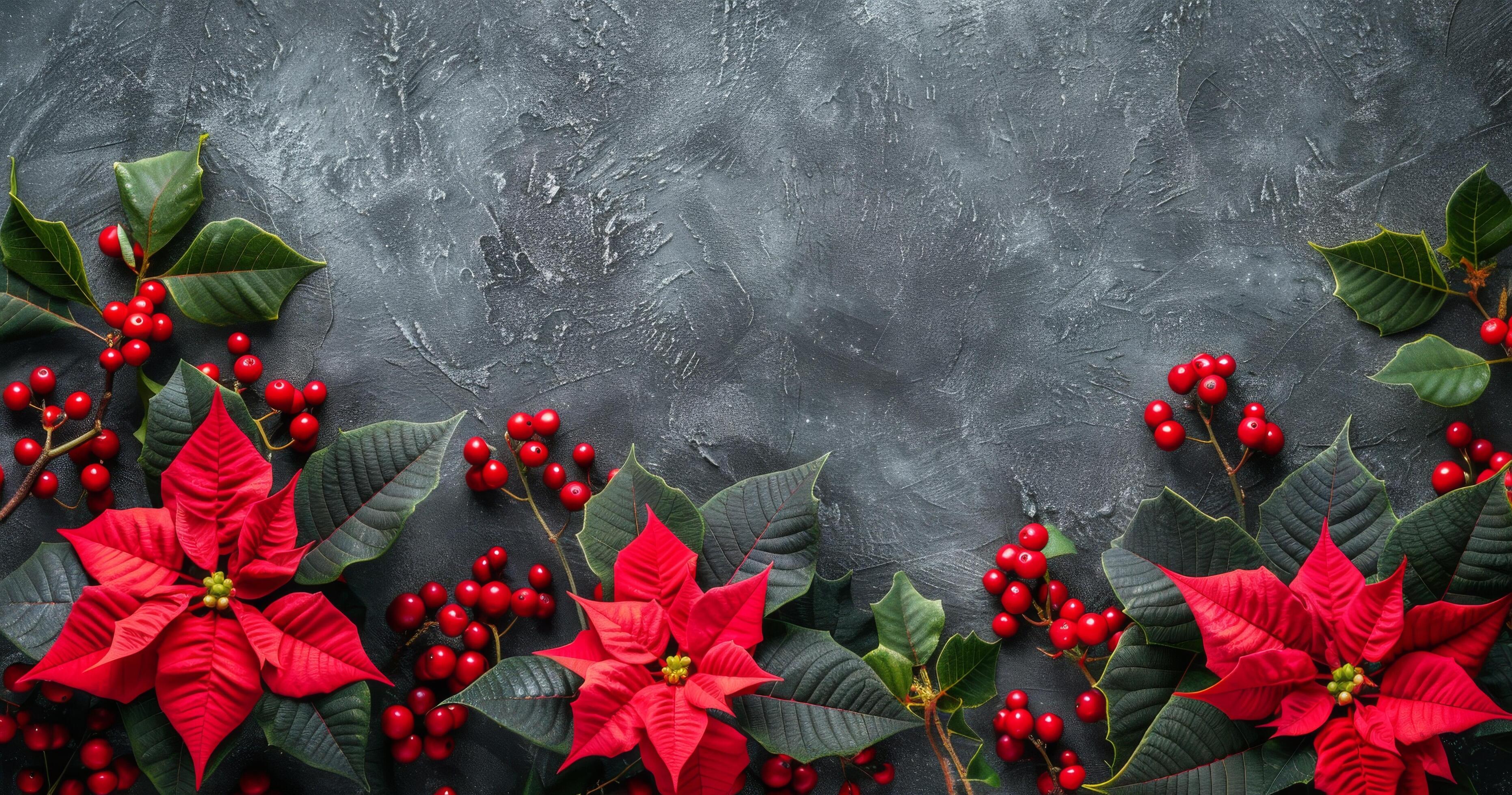 Red Poinsettia and Berry Christmas Floral Arrangement on Gray Background Stock Free