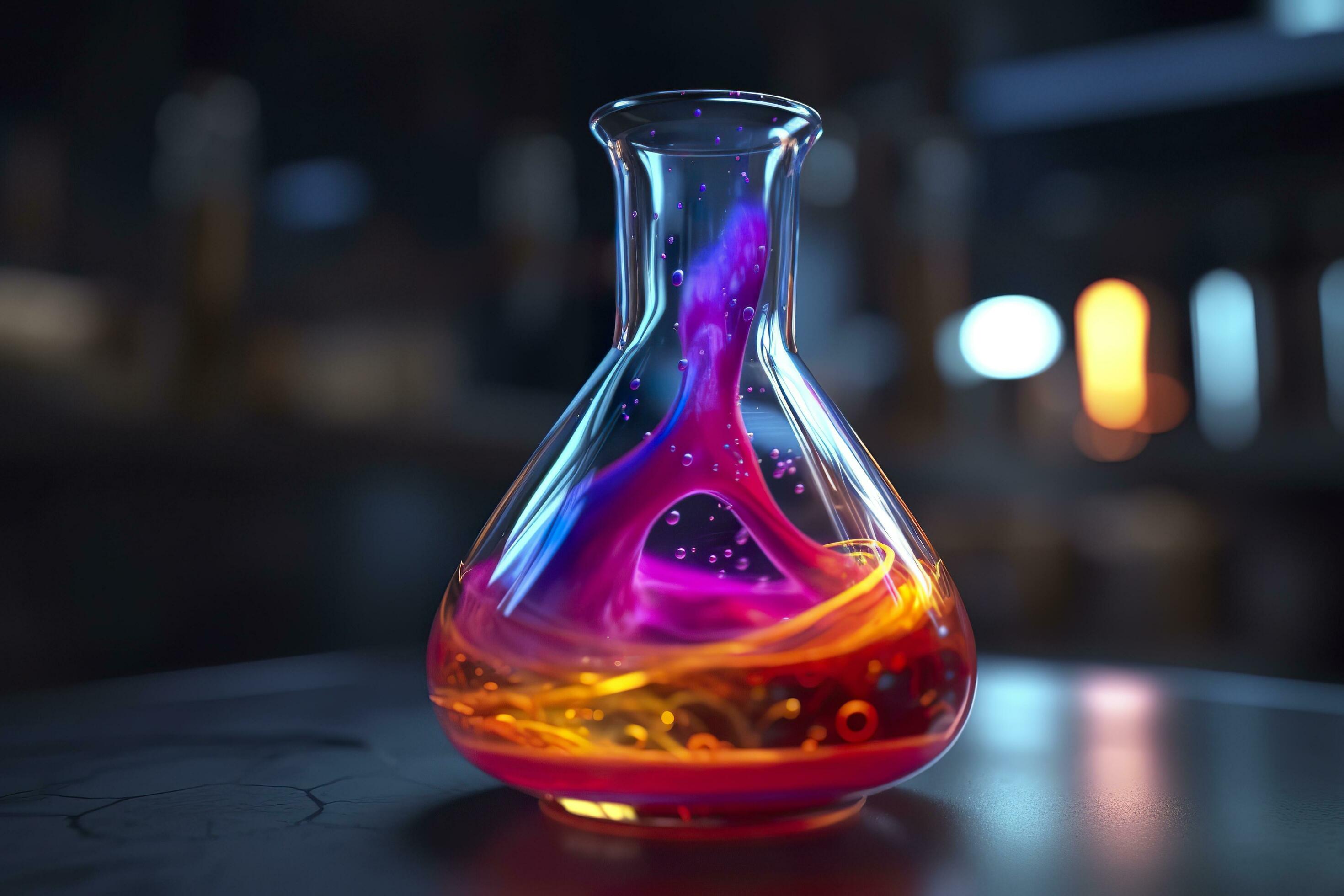 Close Up of a Science Beaker Filled with Multi Colored Liquids. AI Generative Stock Free