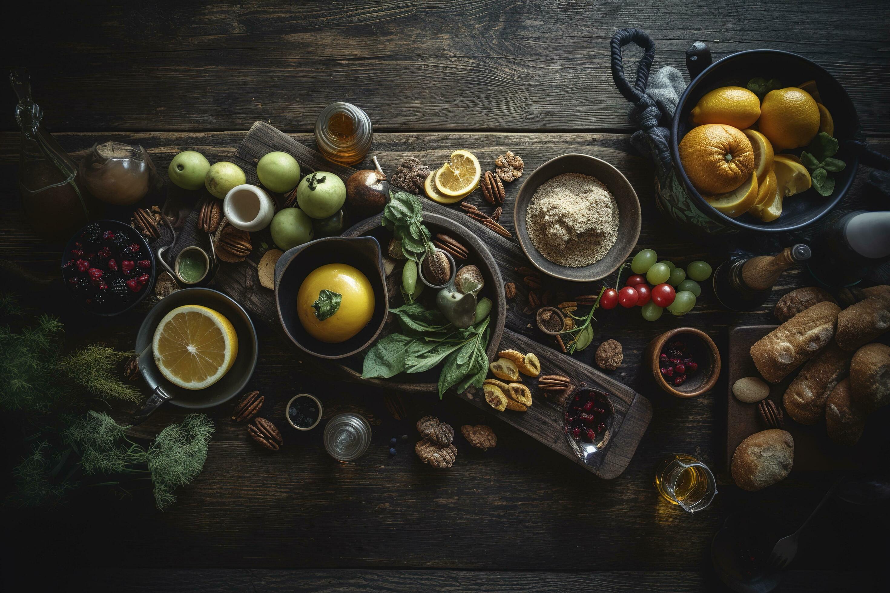 Table scene with a selection of delicious foods. Top view over a dark wood banner background, generate ai Stock Free