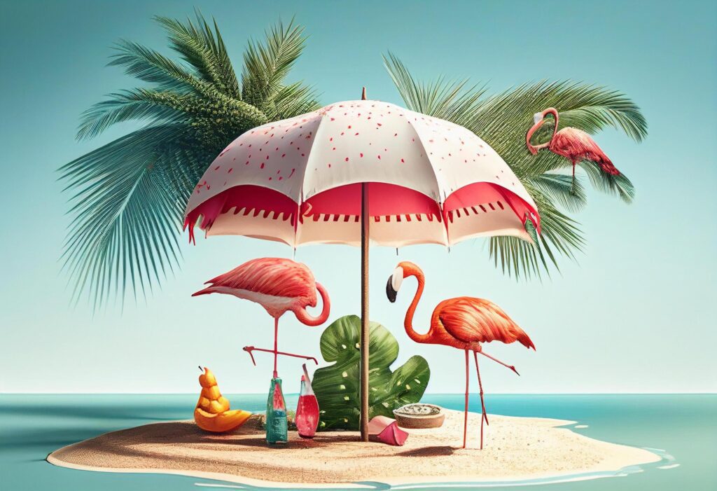 Fantasy landscape with watermelon and umbrella. summer concept, 3D illustration. Stock Free