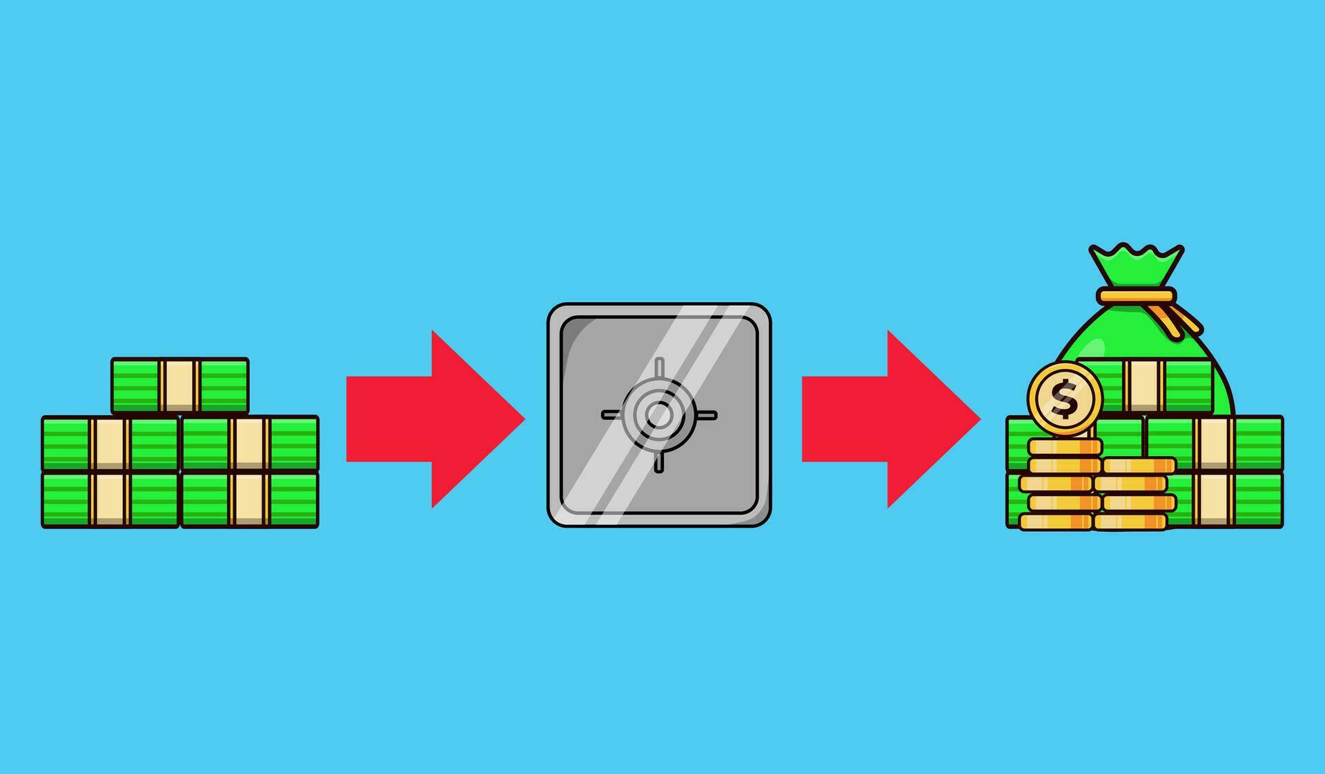 vector illustration of investment stages with money, bank safe and red arrow direction Stock Free